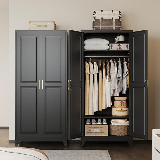 UNICOLY Armoire Wardrobe Closet with Doors, 71'' Wardrobe Cabinet with Hanging Rod, Metal Closet with 2 Adjustable Shelves for Bedroom School, Employee, Gym, Armarios De Ropa para Dormitorio, Black