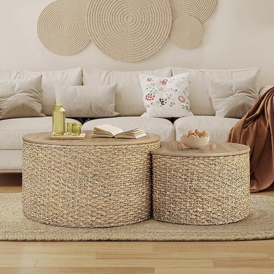 Nesting Coffee Table Set of 2, Rustic Crate and Barrel Coffee Table, Hand-Woven Woven Nesting Tables with Soild Wood Cover for Living Room, Bedroom