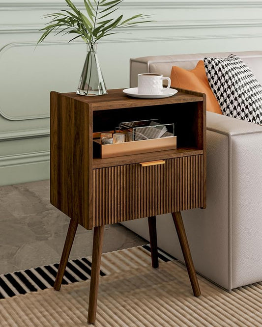 Veegle Nightstand,Modern Bedside Table with Storage Drawer and Open Wood Shelf, Accent Night Stand with Solid Wood Legs for Living Room, Bedroom and Small Spaces,Easy Assembly (Walnut Brown)