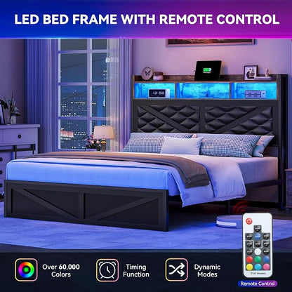 YITAHOME Queen Size Bed Frame with Storage Headboard and Large Under Bed Storage, Upholstered Platform with Charging Station and LED Light, No Box Spring Needed, Noise Free, Charcoal Black