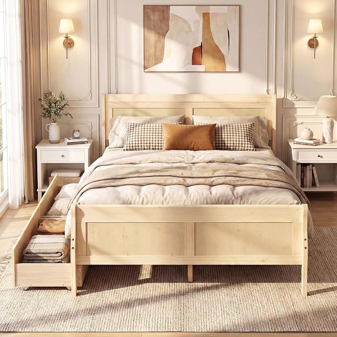 Giantex Full Bed Frame with 2 Storage Drawers, Wood Platform Bed with Headboard & Footboard, Wooden Slats Support Mattress Foundation, Sleigh Bedframe for Teens Adults, No Box Spring Needed (Natural)
