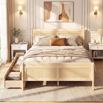 Giantex Full Bed Frame with 2 Storage Drawers, Wood Platform Bed with Headboard & Footboard, Wooden Slats Support Mattress Foundation, Sleigh Bedframe for Teens Adults, No Box Spring Needed (Natural)