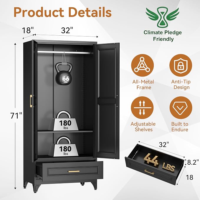 Polup Metal Armoire Wardrobe Closet with Drawer, 71“ Tall Wardrobe with Doors and Shelves, Metal Wardrobes Closet with Hanging Rod, for Bedroom, Garage, Laundry, Black