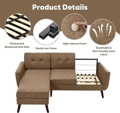 Tbfit L Shaped Couch Sofa, 80" W Mid-Century Modern Sectional Couches, 3 Seater Sofas with Wide Chaise Lounge, Button Tufted Upholstered Sectional Sofa for Living Room, Bedroom, Brown