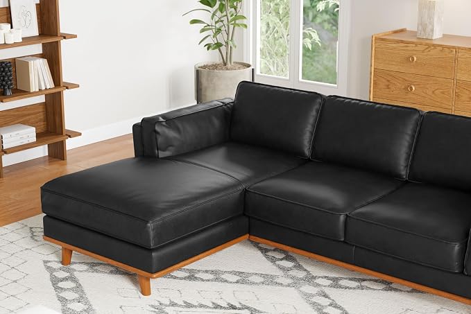Valencia Artisan Full Leather Sofa - Left Chaise Sectional Couch - Pure Full Italian Nappa Leather Couch, Solid Wood Accent and Ultimate Comfort, Black