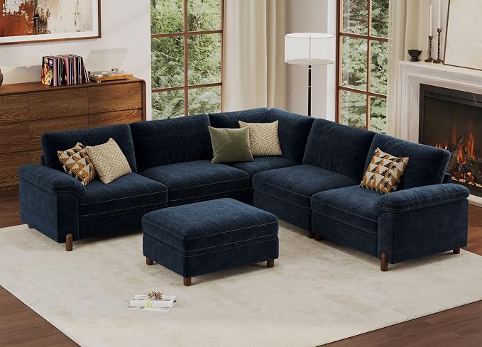 SITJOY Large Cloud Couch, 106" Wide 5 Seater V Shape, Chenille in Navy Blue | Detachable and Washable Chenille Cover Sectional Sofas for Living Room, Deep Seat Wide Couch with Chaise, Storage Ottoman