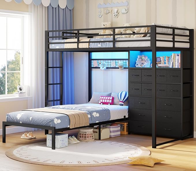 BTHFST Bunk Bed Twin Over Twin with 14 Storage Drawers & Bookshelf, Twin Bunk Beds with RGB LED Lights & Metal Grid Panel, Metal Bunk Beds for Kids with Safety Guardrails & Ladder, Black
