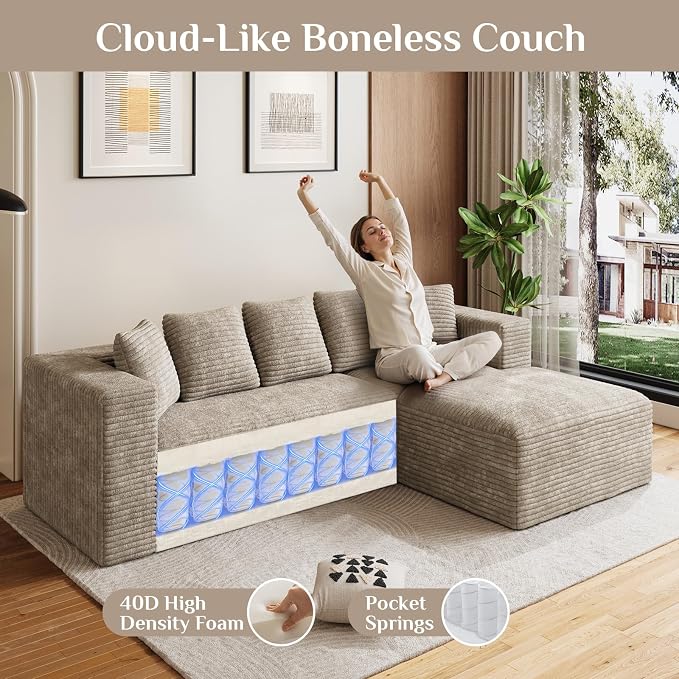 Oversized L Shaped Boneless Sectional Couches for Living Room, 107" Comfy Fluffy Cloud Modular Sectional Sofa, Plush Corduroy Memory Foam Floor Sofa with Right Facing Chaise Couch