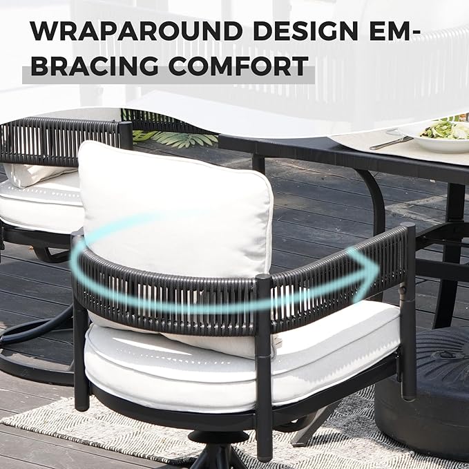 Grand patio Outdoor Dining Set, 7-Piece Patio Table and Chairs Set, Metal Woven Wicker Swivel Patio Chairs with Thickened Cushions & 1 Rectangular Woodgrain Dining Table with Umbrella Hole (Black)