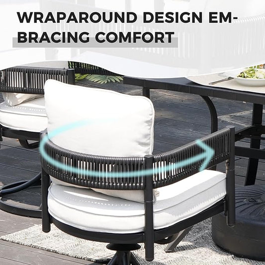 Grand patio Outdoor Dining Set, 7-Piece Patio Table and Chairs Set, Metal Woven Wicker Swivel Patio Chairs with Thickened Cushions & 1 Rectangular Woodgrain Dining Table with Umbrella Hole (Black)