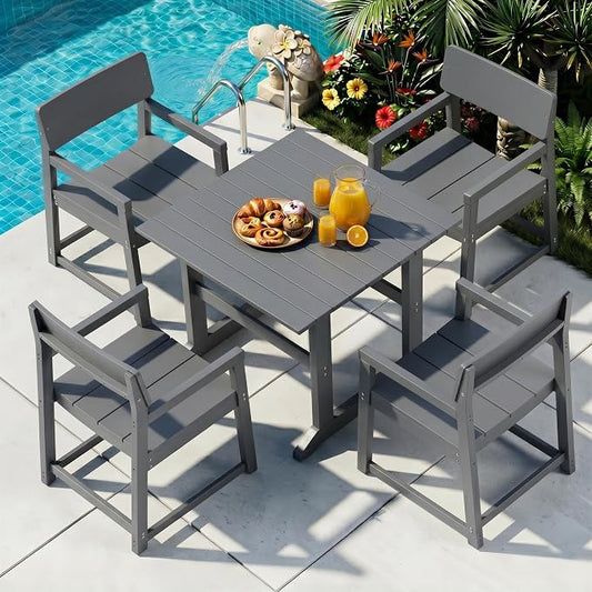 Shintenchi 5 Pieces Outdoor Dining Set,HDPE Outdoor Table and Chairs Set for 4,All Weather Patio Furniture Sets,Modern Wooden Textured Dining Sets for Backyard,Garden,Dark Grey