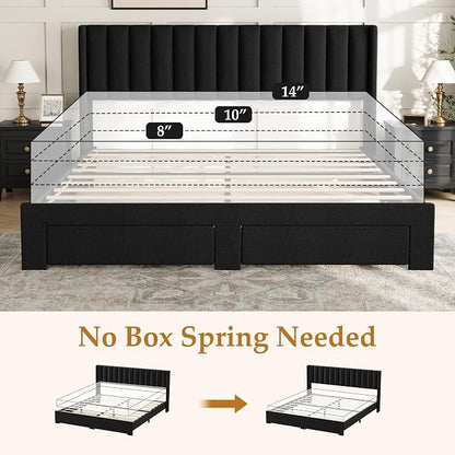 IDEALHOUSE King Bed Frame with Wingback Headboard, Velvet Upholstered Platform Bed with 2 Storage Drawers, Vertical Tufted Headboard Design, Wooden Slats Support, No Box Spring Needed, Black