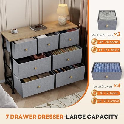 Sweetcrispy 7 Drawer Dresser with Fabric Bins, Fabric Storage Tower Organizer for Bedroom, Closet, Hallway, Entryway, Tall Chest of Drawers with Steel Frame, Wood Top, Large Storage, Gray Blue