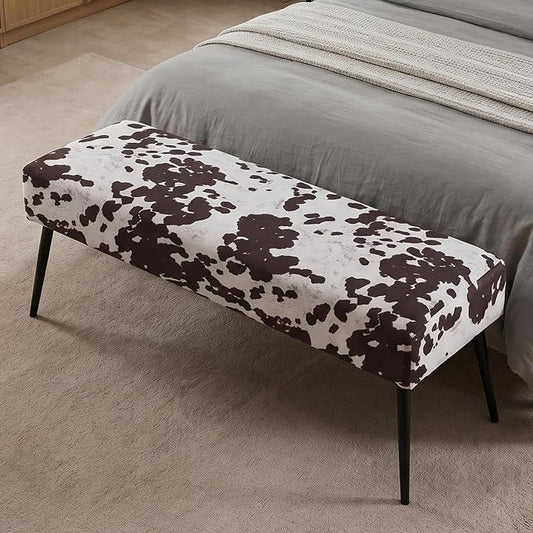 DUHOME Velvet Bench Ottoman, Upholstered Bedroom Benches Cow Print End of Bed Bench with Black Metal Base for Entryway Dining Room Living Room Bedroom, Brown