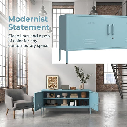 Wide Lockable Metal TV Stand with Accent Cabinet Locker, Heavy Duty Entertainment Center for Bedroom, Adjustable Shelves & 2 Doors, Multifunctional Storage Cabinet for Home 22"H X 35.4"W X 13.8"D