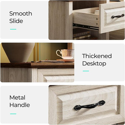LINSY Night Stand Set of 2, 18.9" Farmhouse Wood NightStand with Type-C Charger &Open Storage Shelf Nightstands with Drawer, Side Table End Table for Bedroom Living Room Sofa Couch Office Beige