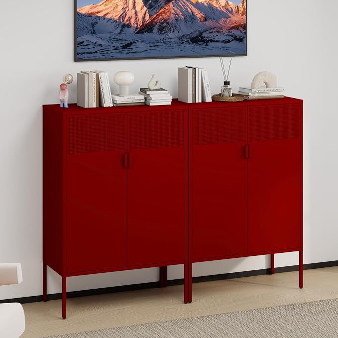 47''H Red Metal Storage Cabinet with 2 Adjustable Shelves, 2 Door Accent Cabinet, 3-Tier Metal Locker with Vent Hole, TV Stand for Entryway, Home Office, Music Studio, Home Office