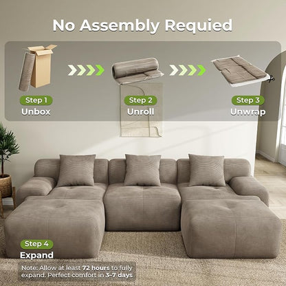 LIKIMIO LumiCord 118" Tufted Modular Sectional Sofa, Modern U-Shaped Boneless Couch for Living Room, 26.8" Deep Seat, 18.1" High Seating, 15" Wide Armrest, Corduroy, Light Brown