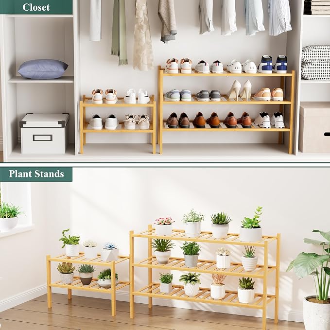 Smiry Long Bamboo Shoe Rack, 3 Tier Free Standing Wooden Shoe Organizer, Stackable Wood Shoe Storage Shelf for Closet, Entryway, 12 Vertical Slats, 2+1 Stack Standard Legs, 33.7"x11"x19.5", Natural