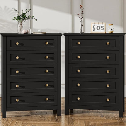 Farmhouse Dresser Nightstand Sets, 2-Piece Bedroom Furniture Set for Home | 5 Drawer Dresser Closet set of 2, Chest of Drawers for Bedroom, Living Room, Entryway, Black