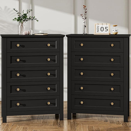 Farmhouse Dresser Nightstand Sets, 2-Piece Bedroom Furniture Set for Home | 5 Drawer Dresser Closet set of 2, Chest of Drawers for Bedroom, Living Room, Entryway, Black