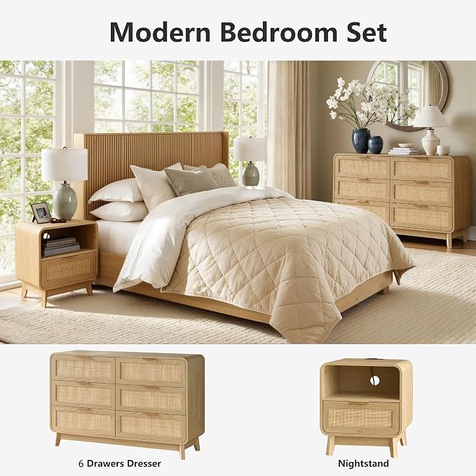 FORTUNETEC 47" Rattan 6 Drawer Dresser, Modern Farmhouse & Boho Wooden Chest of Drawers with Oak Wood Grain, Multifunctional Storage Bedroom Set for Bedroom, Living Room, Entryway & TV Stand