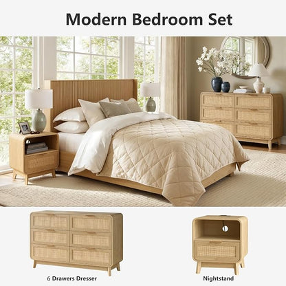 FORTUNETEC 47" Rattan 6 Drawer Dresser, Modern Farmhouse & Boho Wooden Chest of Drawers with Oak Wood Grain, Multifunctional Storage Bedroom Set for Bedroom, Living Room, Entryway & TV Stand