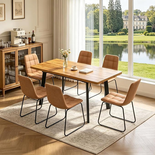 Extendable Dining Table Set for 4 to 8 People, 47.2" to 63" Modern Kitchen Table Set with 6 Chairs, MDF Dining Room Table and Chairs with Removable Extension Leaf (Walnut Table+U-Shaped Brown Chairs)