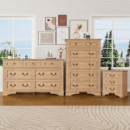 ENOUSHUFarmhouse Dresser and Nightstand Sets, 6-Drawer with 7 Drawer Dresser & 3 Drawer Nightstand Sets, 3 Pieces Rustic Wood Bedroom Furniture Set for Home, Bedroom, Hallway（Natural）