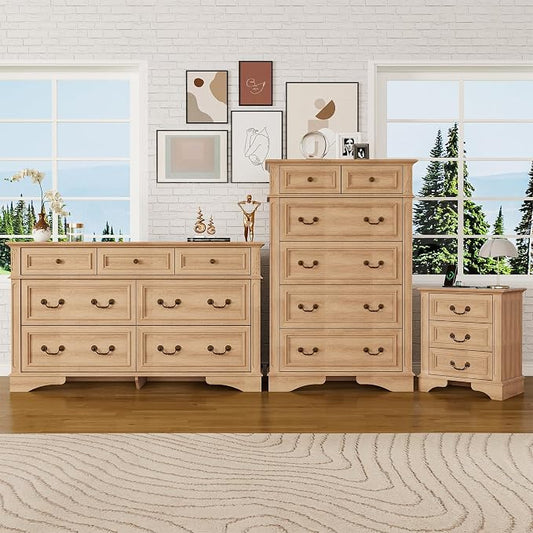 ENOUSHUFarmhouse Dresser and Nightstand Sets, 6-Drawer with 7 Drawer Dresser & 3 Drawer Nightstand Sets, 3 Pieces Rustic Wood Bedroom Furniture Set for Home, Bedroom, Hallway（Natural）