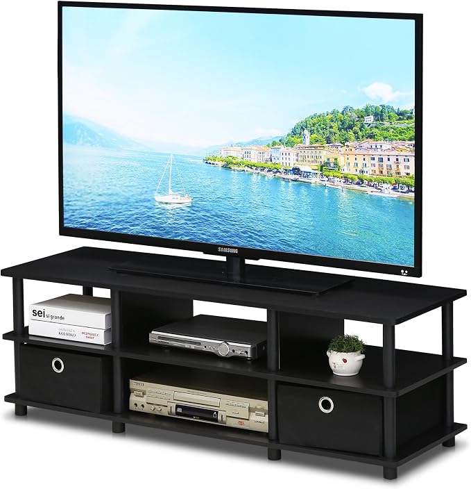 Furinno ECON TV Stand, 3-Tier Open Shelf Entertainment Center, TV Console with Storage Bins, Open Frame for Cable Management, Toolless Assembly, for Living Room, Bedroom, Espresso