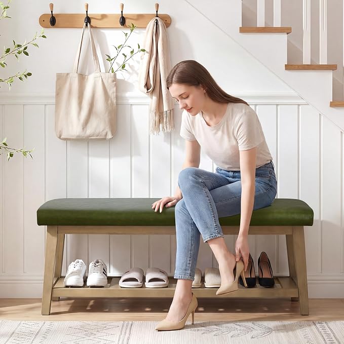 Entryway Bench with Cushion, Upholstered Shoe Rack Bench with Solid Wood Shelf, 44" End of Bed Bench for Bedroom, Chenille Fabric Storage Bench for Entryway, Hallway, Living Room (PU-Green)