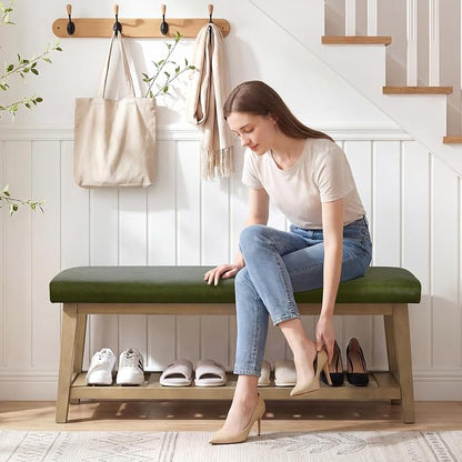 Entryway Bench with Cushion, Upholstered Shoe Rack Bench with Solid Wood Shelf, 44" End of Bed Bench for Bedroom, Chenille Fabric Storage Bench for Entryway, Hallway, Living Room (PU-Green)