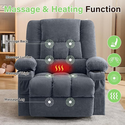 BOSMILLER 360° Swivel Rocker Recliner Chair for Adults,Oversized Recliner Chair with Massage and Heating, Manual Nursery Glider Recliner with Cup Holder and Side Pocket for Living Room, Bedroom