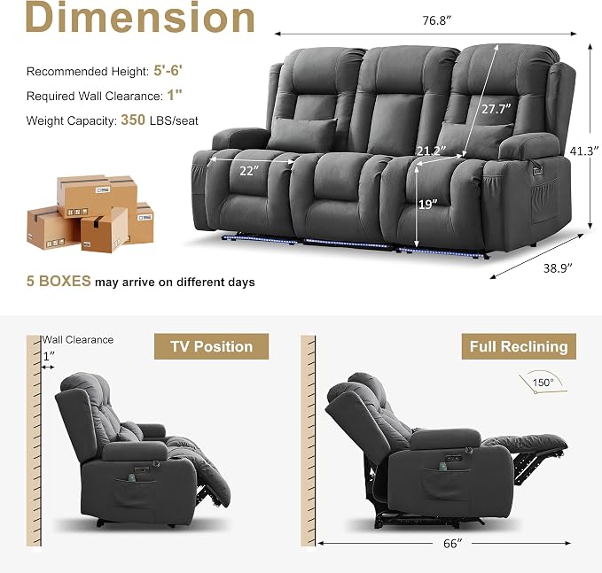 URRED Power Loveseat Recliner Sofa with Massage and Heat, Wall Hugger Reclining Loveseat with Console, RV Couch Home Theater Seating with LED Lights for Living Room (Gray, 76.8" - 3 Seats)