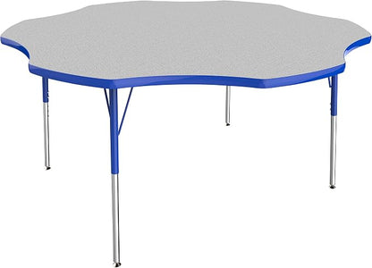 FDP Flower Activity School and Office Table (60 inch), Standard Legs with Swivel Glides for Collaborative Seating Environments, Adjustable Height 19-30 inches - Gray Top and Blue Edge