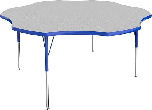FDP Flower Activity School and Office Table (60 inch), Standard Legs with Swivel Glides for Collaborative Seating Environments, Adjustable Height 19-30 inches - Gray Top and Blue Edge