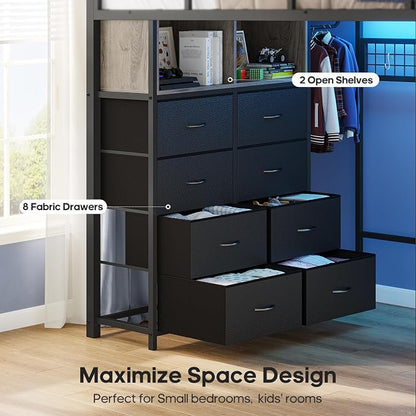 ADORNEVE Loft Bed Full Size with Desk and 8 Storage Drawers, LED Metal Loft Bed with Power Outlet, 2 Shelves & Clothing Rack, Bed with Safety Guardrail & Ladder,Space-Saving, Grey