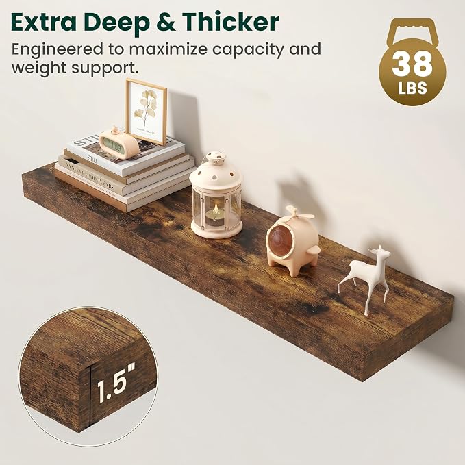 Floating Shelves for Wall, 36 Inch x 8 Inch Deep Wall Mounted Wood Shelf with Invisible Brackets for Storage & Display, Living Room Bedroom Kitchen, Rustic Brown, Set of 2