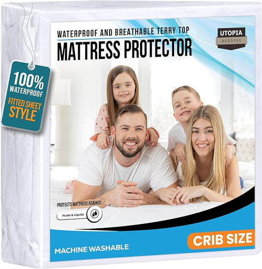 Crib Size Mattress Protector Waterproof, Premium 200 GSM Terry Mattress Cover, Soft & Breathable Bed Cover, Fitted Sheet Style Stretchable Deep Pockets 5" by Utopia Bedding (White)