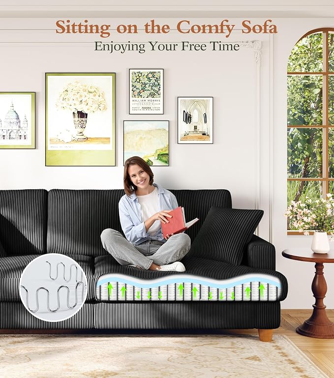 Kidirect 87in U Shaped Couch, Modular Sofa No Tool Assembly, Comfy Sectional Couches for Living Room 21in Deeper Seats, Corduroy Sofas for Living Room with 2 Pillows, Loveseat Sofa Set, Black Couch