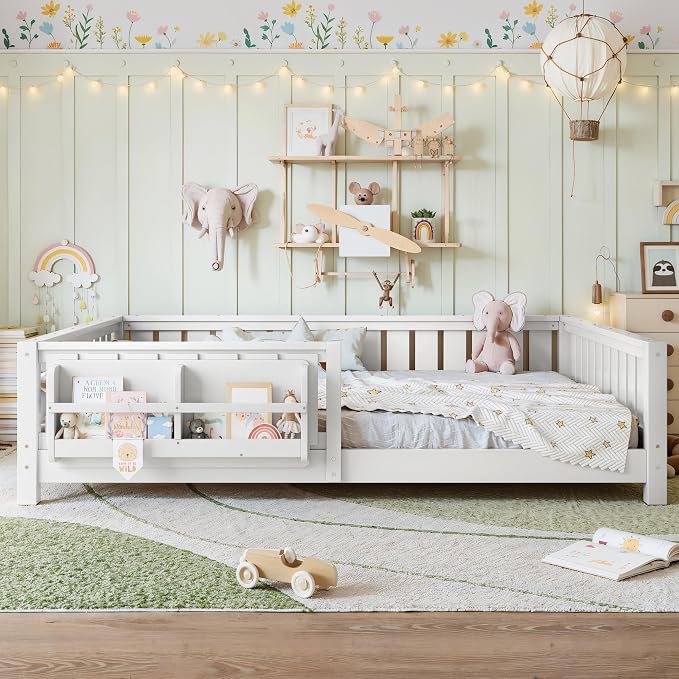 Bellemave White Montessori Floor Bed with Fence and Slats, Queen Size Montessori Floor Bed with Bookcase and High Rails, Easy Assemble Bed Frame for Girls, Boys, Queen