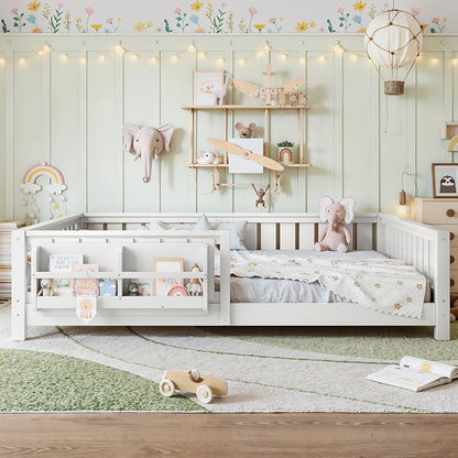 Bellemave White Montessori Floor Bed with Fence and Slats, Queen Size Montessori Floor Bed with Bookcase and High Rails, Easy Assemble Bed Frame for Girls, Boys, Queen