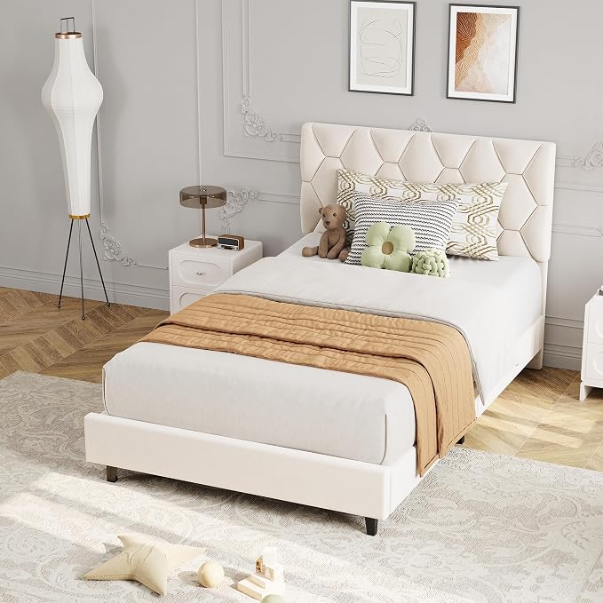 GarveeHome Twin Size Platform Bed Frame with Upholstered Headboard and Wooden Slats Support, Upholstered Mattress Foundation/No Box Spring Needed/Easy Assembly, Beige