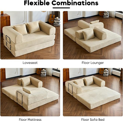 ZEIINPA 59“ Convertible Floor Sofa Bed, 5-in-1 Futon Sofa Bed Pull Out Sleeper Couch, Modern Corduroy Compressed Loveseat, Modular Boneless Couches for Living Room, No Assembly Required, Beige