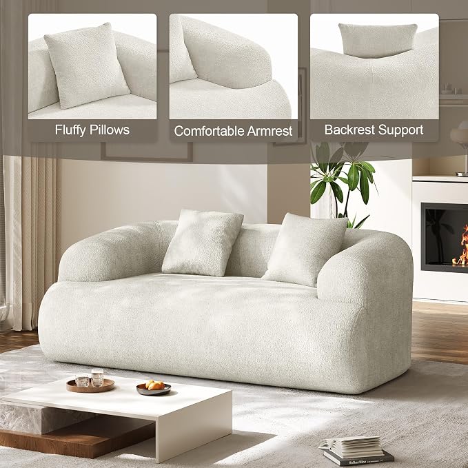 Half Moon Curved Sectional Sofa with 2 Throw Pillows, Modern Style 2-Seater Chenille Leisure Couch with Curved Backrest, Easy Assembly, for Apartment, Living Room, Bedroom, Cream White（76 inch）