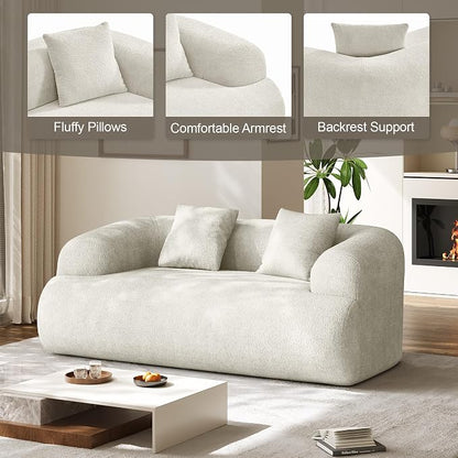 Half Moon Curved Sectional Sofa with 2 Throw Pillows, Modern Style 2-Seater Chenille Leisure Couch with Curved Backrest, Easy Assembly, for Apartment, Living Room, Bedroom, Cream White（76 inch）