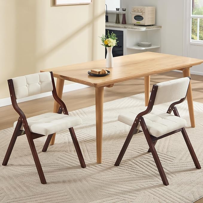 4-Pack Folding Dining Chairs with Cushion,Padded Foldable Dining Chairs,Portable Wooden Folding Chairs with Tufted Buttons Seat for Dining Rooms Kitchen Wedding and Party Indoor Walnut Beige