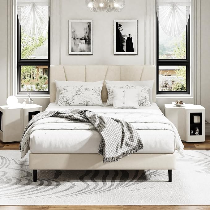Sismplly Queen Size Platform Bed Frame with Upholstered Headboard, Wooden Slats Support, Noise Free, No Box Spring Needed, Easy Assembly, Beige, Velvet