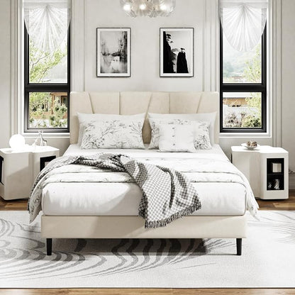 Sismplly Queen Size Platform Bed Frame with Upholstered Headboard, Wooden Slats Support, Noise Free, No Box Spring Needed, Easy Assembly, Beige, Velvet
